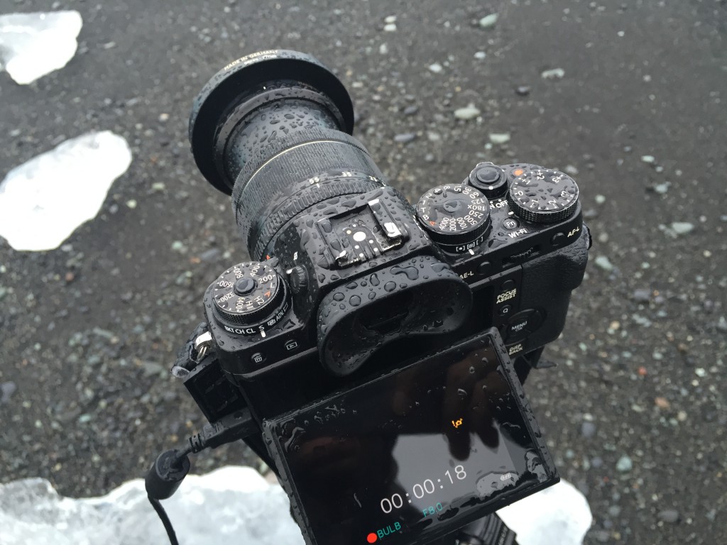 Fujifilm X-T1 covered in raindrops.